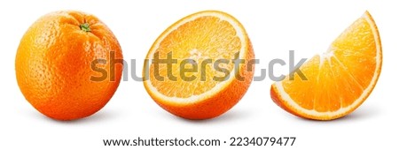 Orange isolated. Orange fruit set: whole, half and slice on white background. Orang collection. Full depth of field.