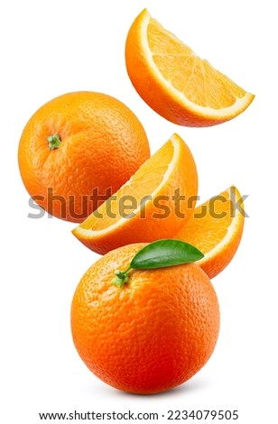Orange isolated. Orange fruit: whole, slice and leaves on white background. Orang flying collection. Full depth of field.