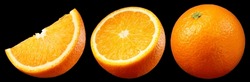 Orange Isolated On Black. Whole Orange With Half And Slice On Black Background. Orang Fruit Collection With Slice. Clipping Path. Full Depth Of Field.