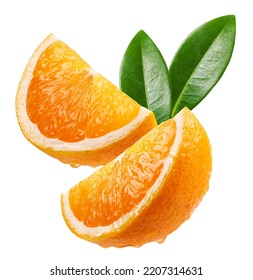 Orange isolated. Ripe juicy orange slices on a white background. Fruit levitation.