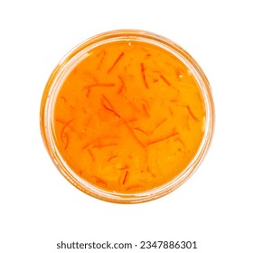 Orange Jam on Open Jar Isolated, Apricot Marmalade, Fruit Jelly Fruity Confiture, Yellow Red Syrup, Mango Sauce, Orange Jam on White Background Top View