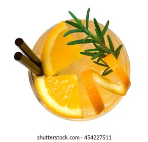 Orange Juice Cocktail Top View Isolated On White Background, Clipping Path Included