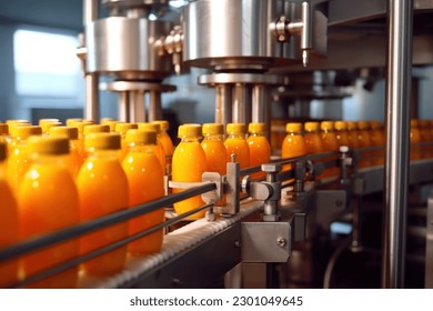 Orange juice factory. Robotic factory line for processing and bottling of orange juice bottles. Selective focus. - Powered by Shutterstock