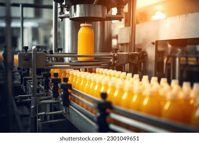 Orange juice factory. Robotic factory line for processing and bottling of orange juice bottles. Selective focus. - Powered by Shutterstock