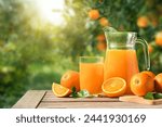 Orange juice with fresh orange fruits in orange farming background.