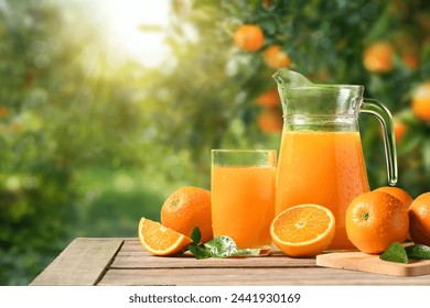 Orange juice with fresh orange fruits in orange farming background. - Powered by Shutterstock