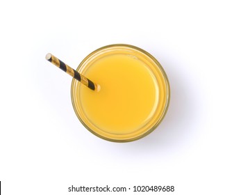 Orange Juice Glass With Straw Isolated On White Background. Top View