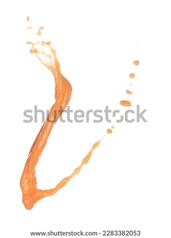 Orange Juice pouring down in Shape form line. Orange juicy fluttering explosion in air, liquid water splash spill like explosion droplet. White background isolated, stop motion freeze shot. 