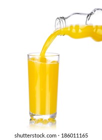 Orange Juice Pouring Into Glass, Isolated On White