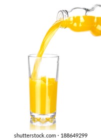 Orange Juice Pouring Into Glass, Isolated On White 