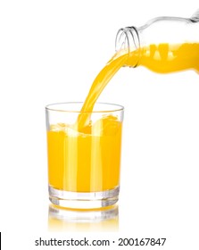 Orange Juice Pouring Into Glass, Isolated On White 