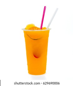 Orange Juice Smoothie In Plastic Cup White Background.