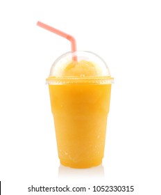 Orange juice smoothie in plastic glass isolated on white background.