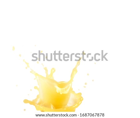 Orange juice splash concept. Light yellow color. Drop levitation. Sweet fruit. Liquid beverage. Healthy drink