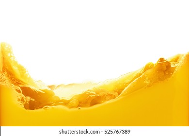 Orange juice splash isolated on white background. Healthy fresh drink, wave with drop