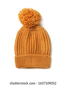 Orange Knitted Women's Hat Isolated On White, Top View