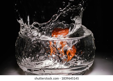 Orange Kumquat Fruit Falls At High Speed Into A Glass Container To Make Sweet Or Jam Cordoba Argentina