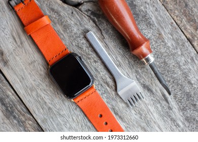 Orange Leather Smart Watch Strap Hand Made On Wood Craftmanship Working