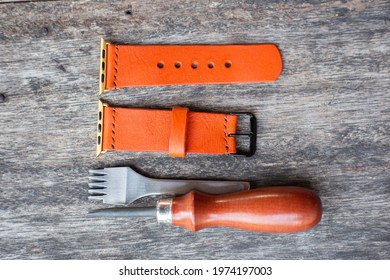 Orange Leather Smart Watch Strap Hand Made On Wood Craftmanship Working