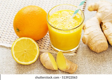 Orange, Lemon, Ginger Smoothies. Vegan Energy Smoothie. Healthy Drink.