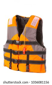 orange life jacket on white background, vest buttoned, isolated