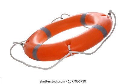 Orange lifebuoy isolated on white. Rescue equipment