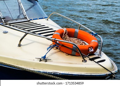 Orange Lifeline Ring On A Boat. Lifebuoy Ring.