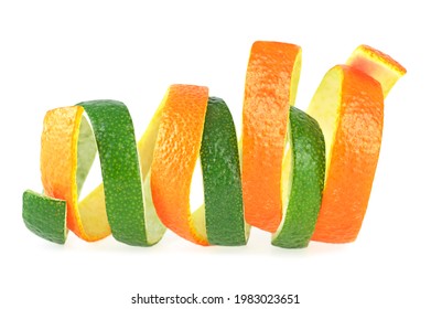 Orange And Lime Zest Isolated On A White Background. Citrus Fruit Peel.