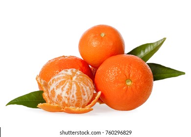 Orange Mandarines, Clementines, Tangerines Or Small Oranges With One Peeled With Leaves Isolated On White Background, Cut Out Or Cutout