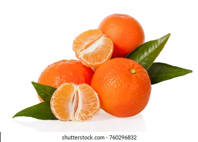 Orange Mandarines, Clementines, Tangerines Or Small Oranges With One Peeled And Cut In Half With Leaves Isolated On White Background, Cut Out Or Cutout