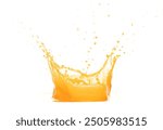 Orange Mango Juice pouring and splash as crown water. Orange Mango Juice explode bubble splash in mid air. Orange juice element water. White background isolated photography