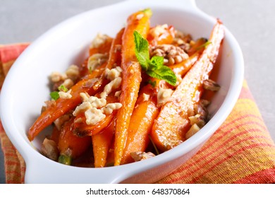 Orange And Maple Glazed Young Carrots With Nuts