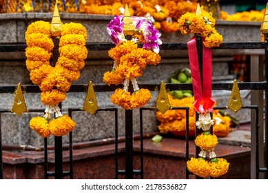 Orange Marigold Garlands At A Buddhist Shrine In Bangkok