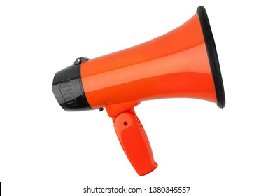 Orange megaphone on white background isolated close up, hand loudspeaker design, loud-hailer or speaking trumpet, announcement symbol, speaker voice volume increase device, media or communication sign - Shutterstock ID 1380345557