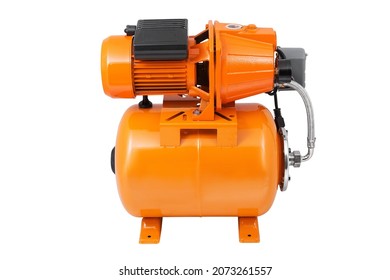 Orange Modern Water Pump Station For Home Isolated On White Background. The Pumping Station Is Orange.
