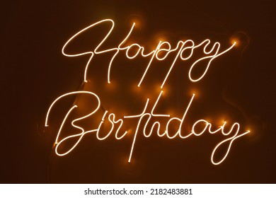 Orange neon happy birthday. Trendy style. Happy Birthday  background. Neon sign. Custom neon. Party decor. - Powered by Shutterstock