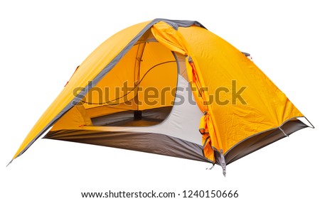 Orange open tourist tent isolated on white background