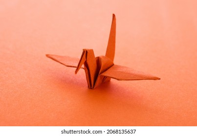 Orange Origami Paper Crane On Orange Background.