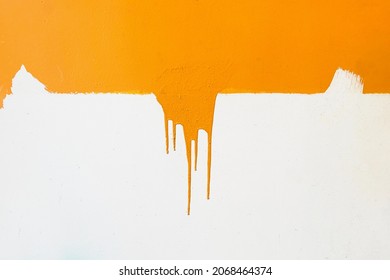 Orange Paint Drips On A White Background, You Can See The Strokes From The Brush That The Man Painted The Wall, Orange On White, Wall Renovation, Art Drawing, Paint Of Bright Color,flows Down The Wall