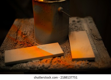 Orange Paint In Jar And Board. Workplace With Paint. Production In Paint Shop.