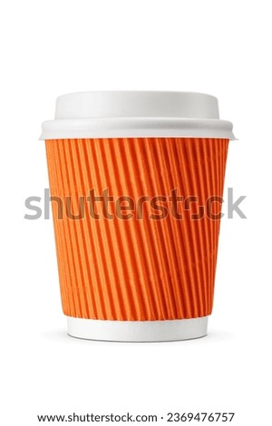 Orange paper disposable coffee cup with white plastic lid and corrugated cardboard sleeve isolated on white background.