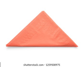 Orange Paper Napkin Folded As Triangle. Isolated On White, Clipping Path Included