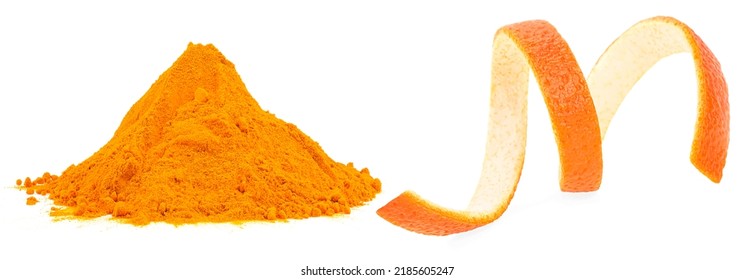 Orange Peel Powder And Orange Zest Isolated On A White Background