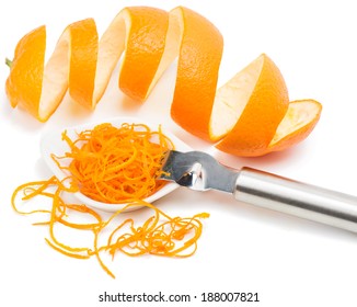 Orange Peel And Zest With Zester Isolated On A White Background 