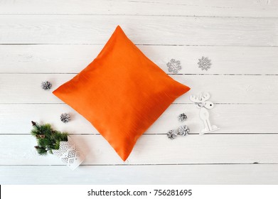 Orange Pillow Case Mockup. Flat Lay, Top View Photo Mockup. Holidays Decorations.