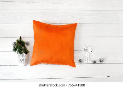 Orange Pillow Case Mockup. Flat Lay, Top View Photo Mockup. Holidays Decorations