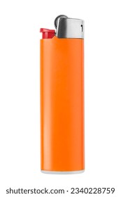 Encendedor de gas de cigarrillo plástico naranja aislado en fondo blanco