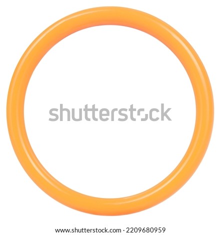 Orange plastic circle round frame for picture blank isolated on white background. Trendy bright vivid pastel color frames concepts
