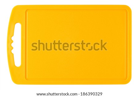 Orange plastic cutting board isolated on white background