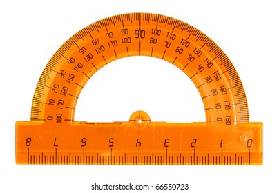 Orange Plastic Protractor, Isolated On A White Background